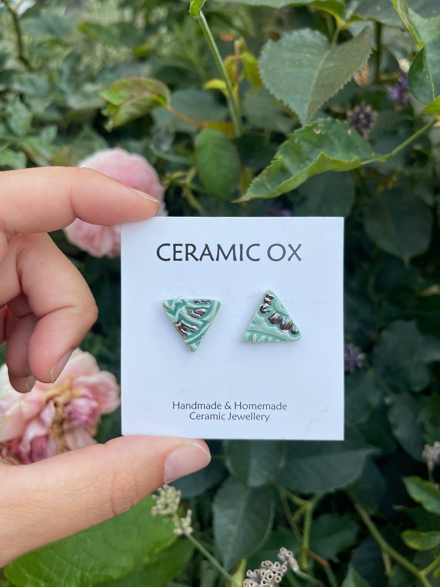 Jade block print triangle studs with silver detail