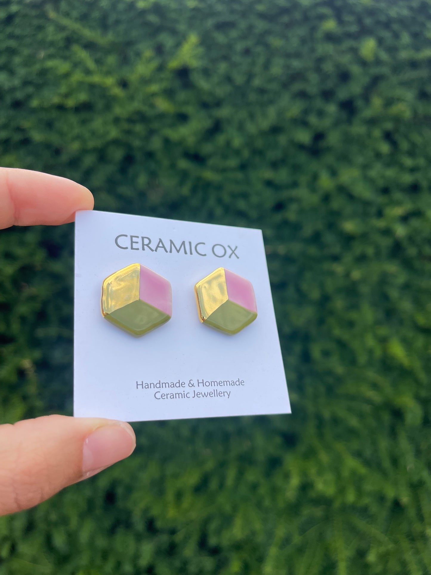 3D large pink/olive/gold hexagon studs