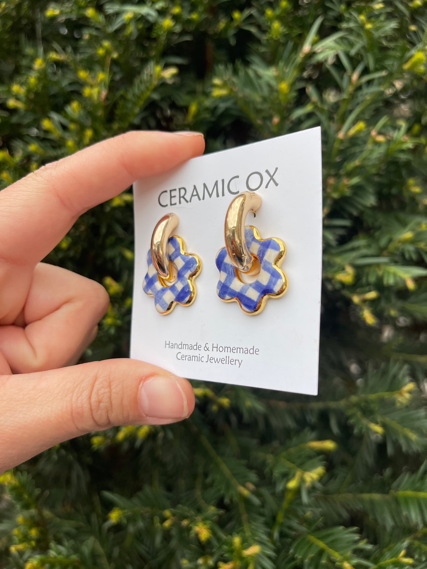 Gingham flower charm hoops
