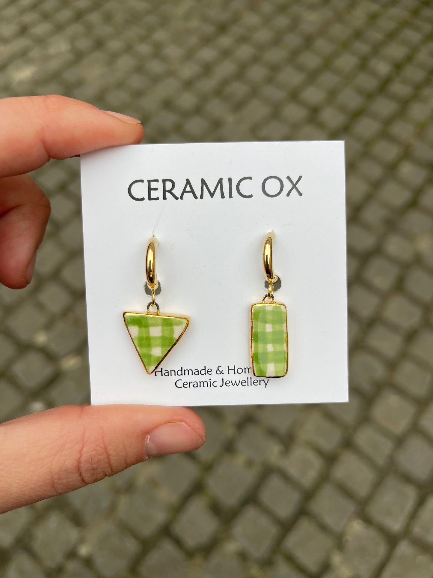 Green gingham Huggie hoops