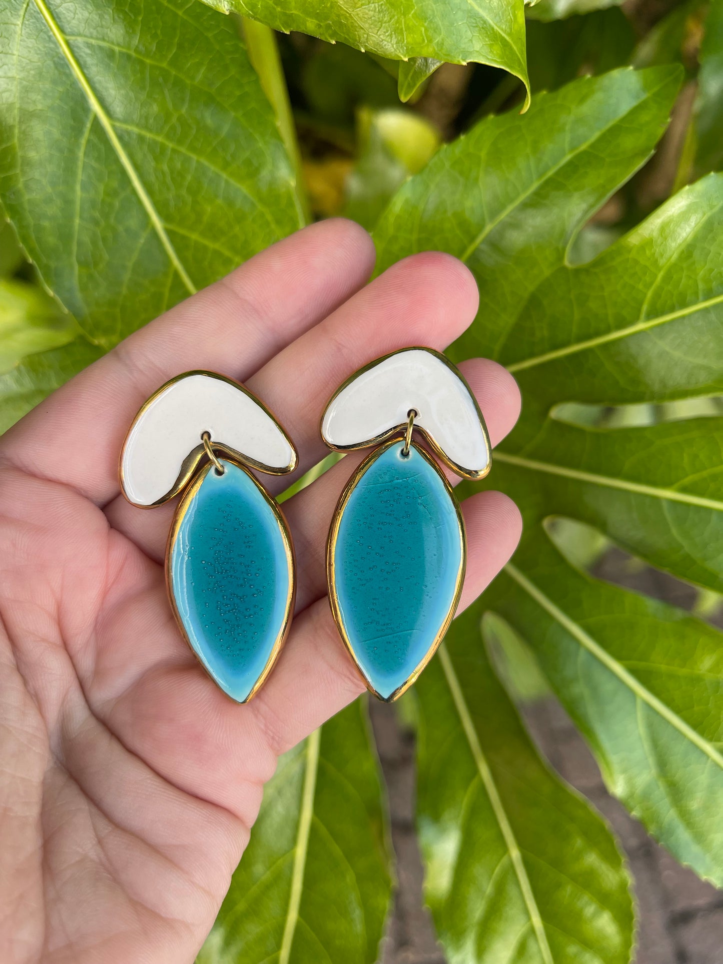 Turquoise white dangle leaf studs