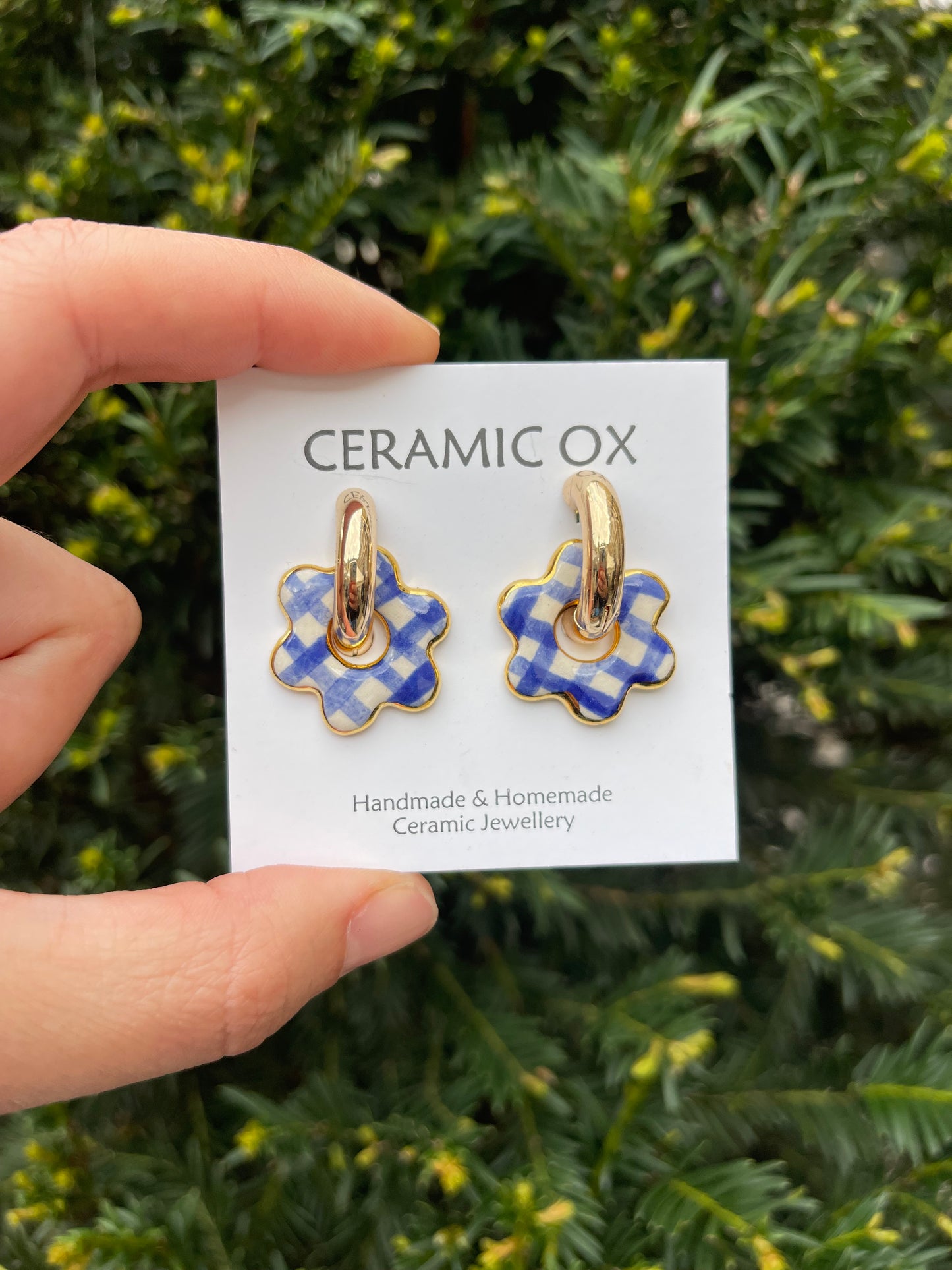 Gingham flower charm hoops