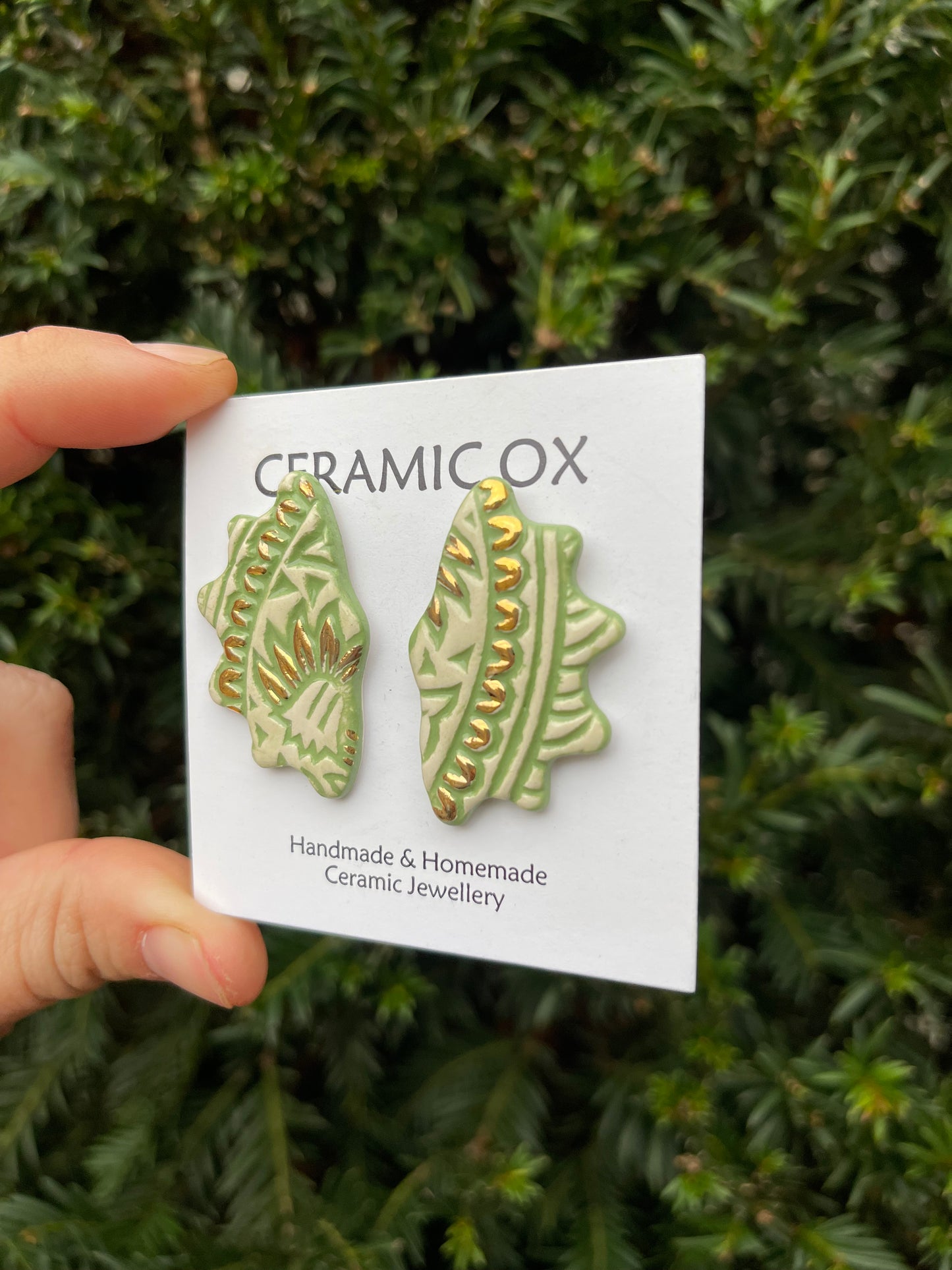 Sage block print scalloped studs