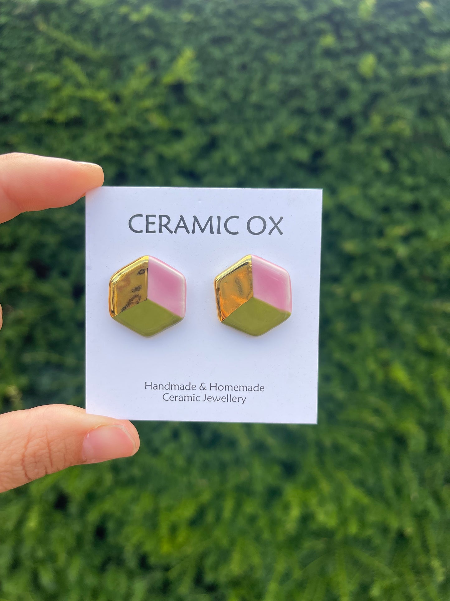 3D large pink/olive/gold hexagon studs