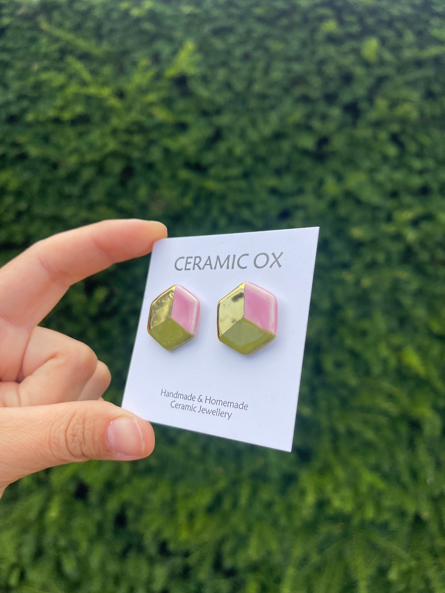 3D large pink/olive/gold hexagon studs