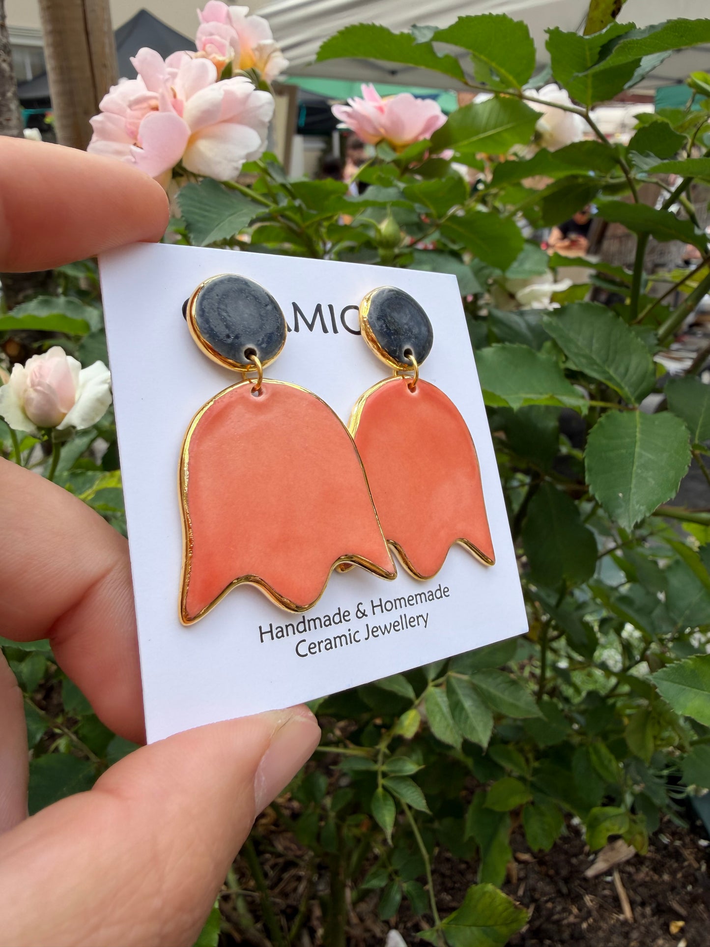 Coral / grey tulip dangly studs