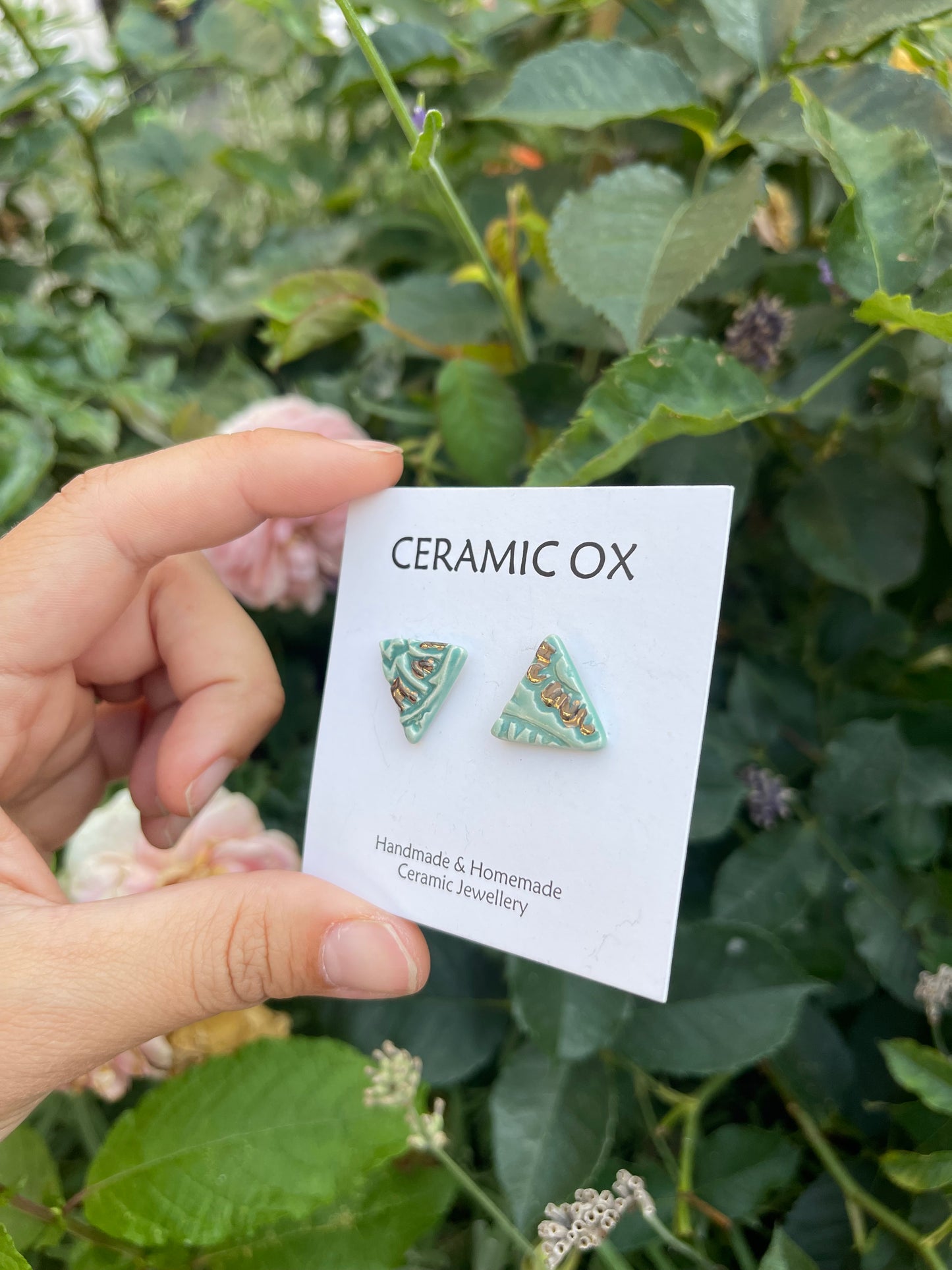 Jade block print triangle studs with silver detail