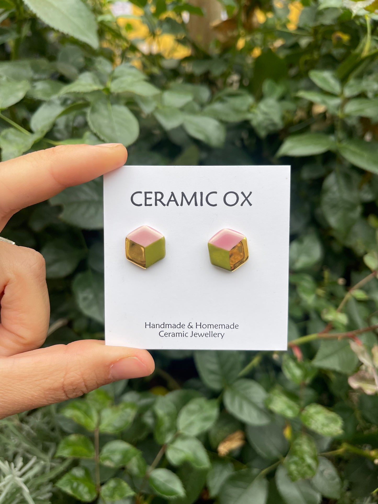Small hexagon cube studs in Olive/ pink