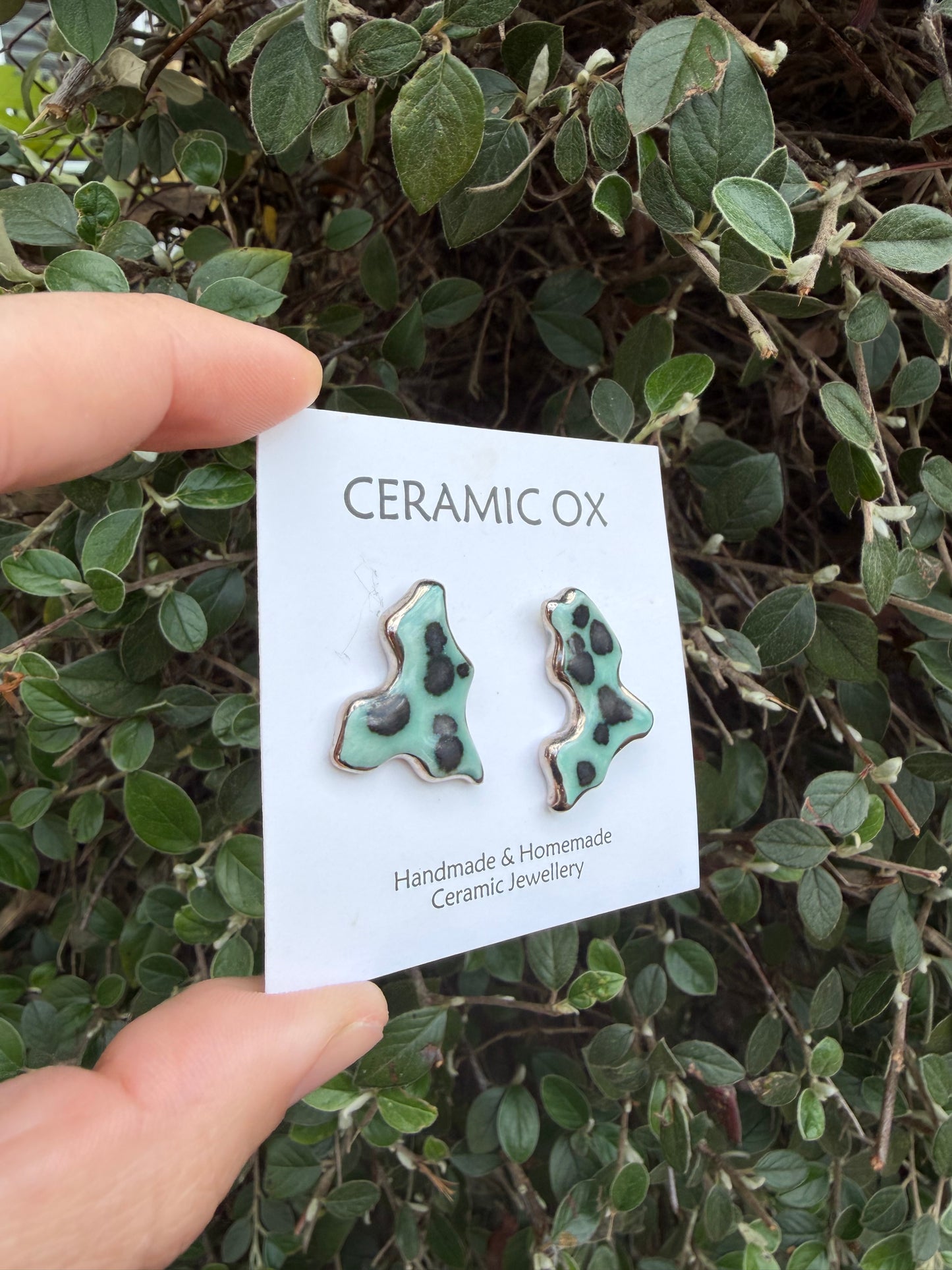 Asymmetric studs in Jade with gunmetal crystals with silver surround