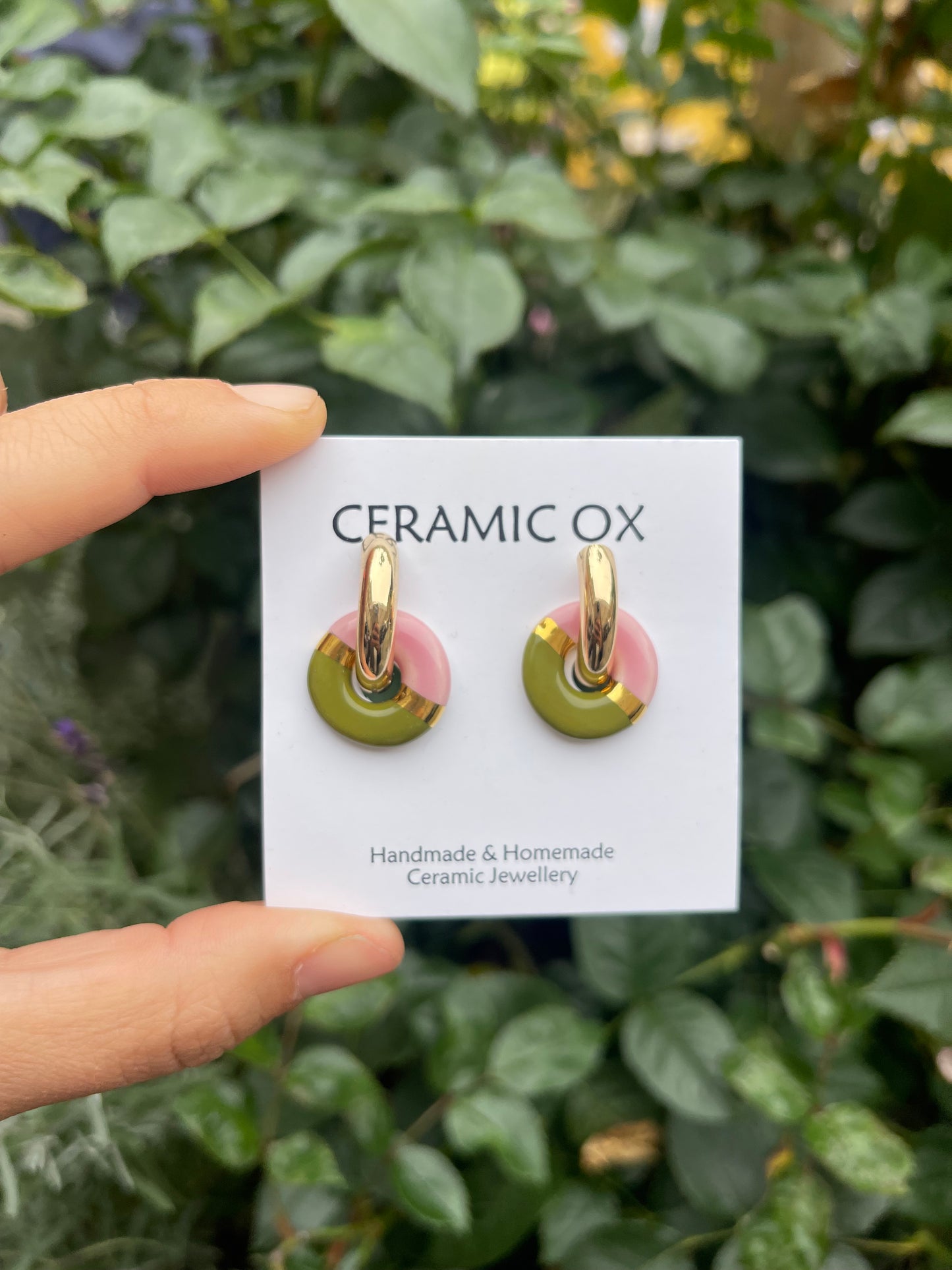 Olive/ pink hoops on chunky gold hoops