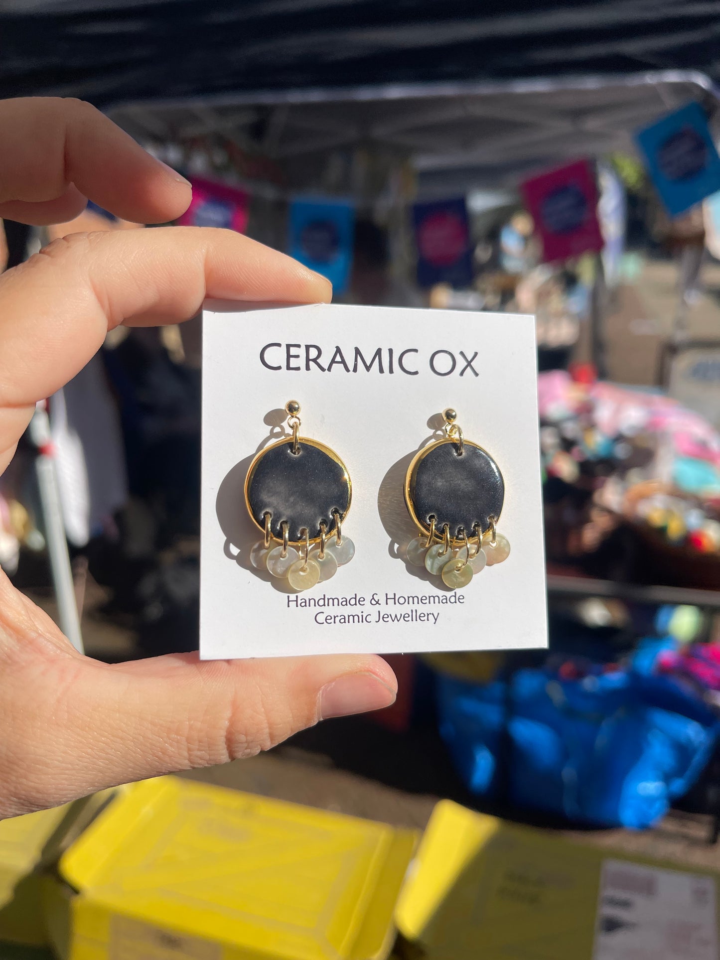 Black Circle dangle with mother of pearl discs