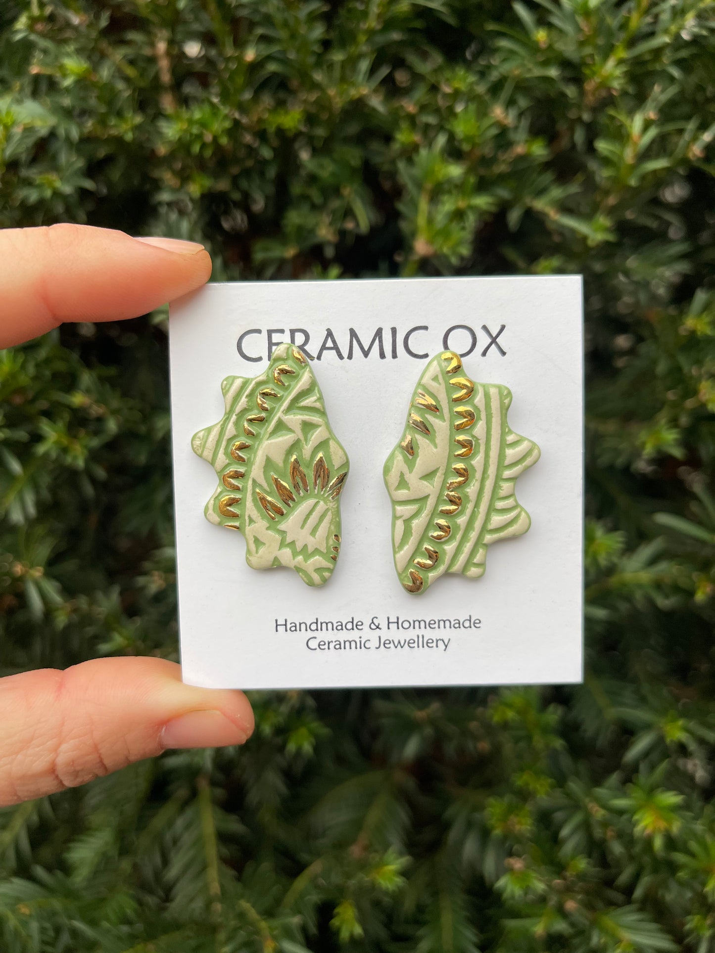 Sage block print scalloped studs