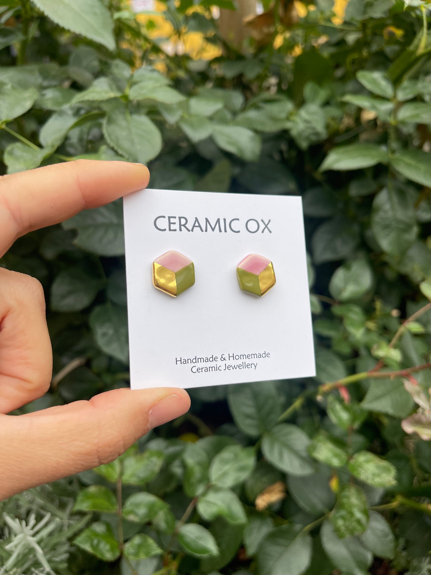 Small hexagon cube studs in Olive/ pink