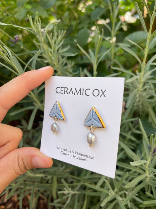 Baby blue triangle studs with freshwater pearl drops