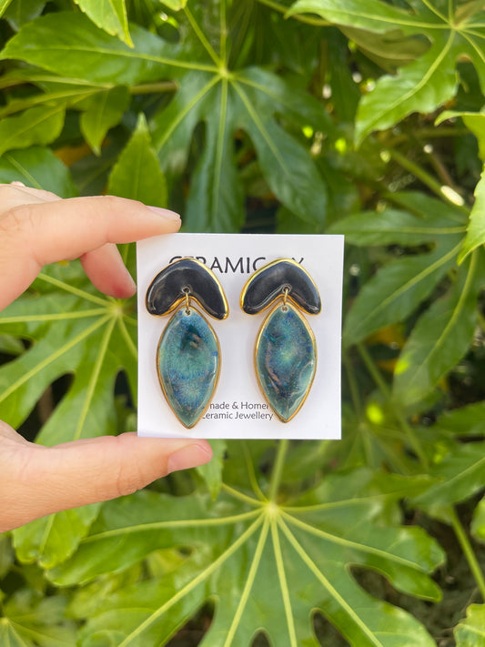 Night sky/ black dangle leaf studs