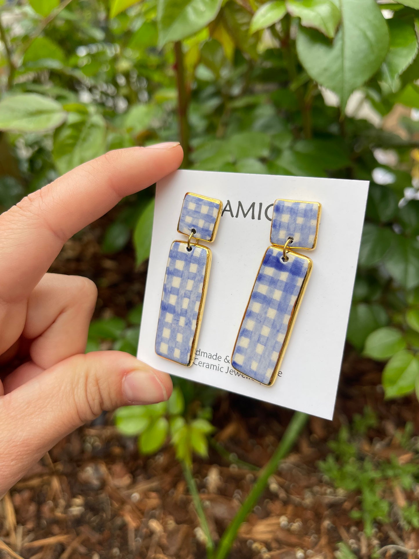 Rectangle dangle stud in gingham blue