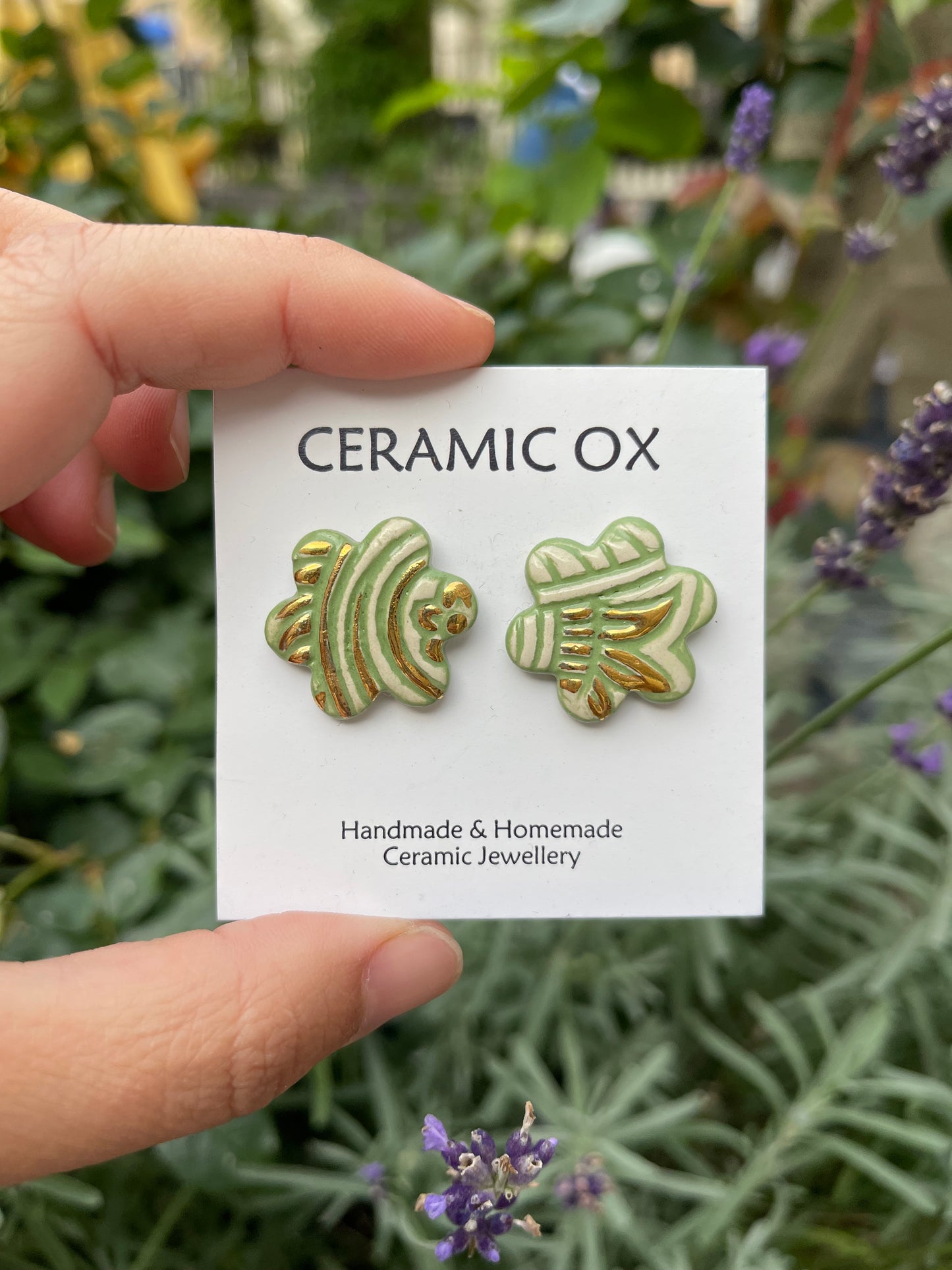Block print flower studs - sage green