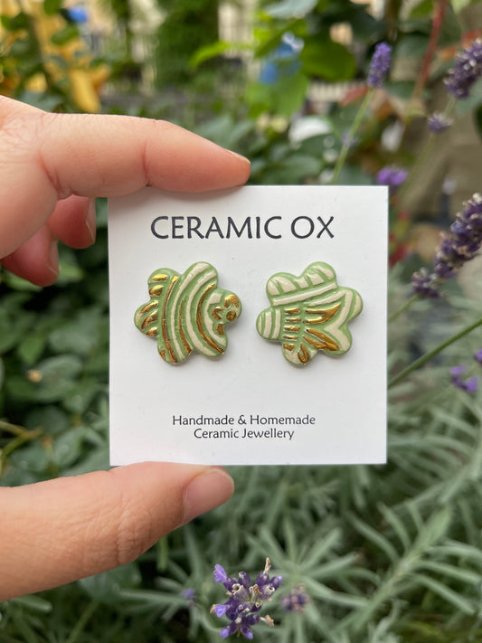 Block print flower studs - sage green