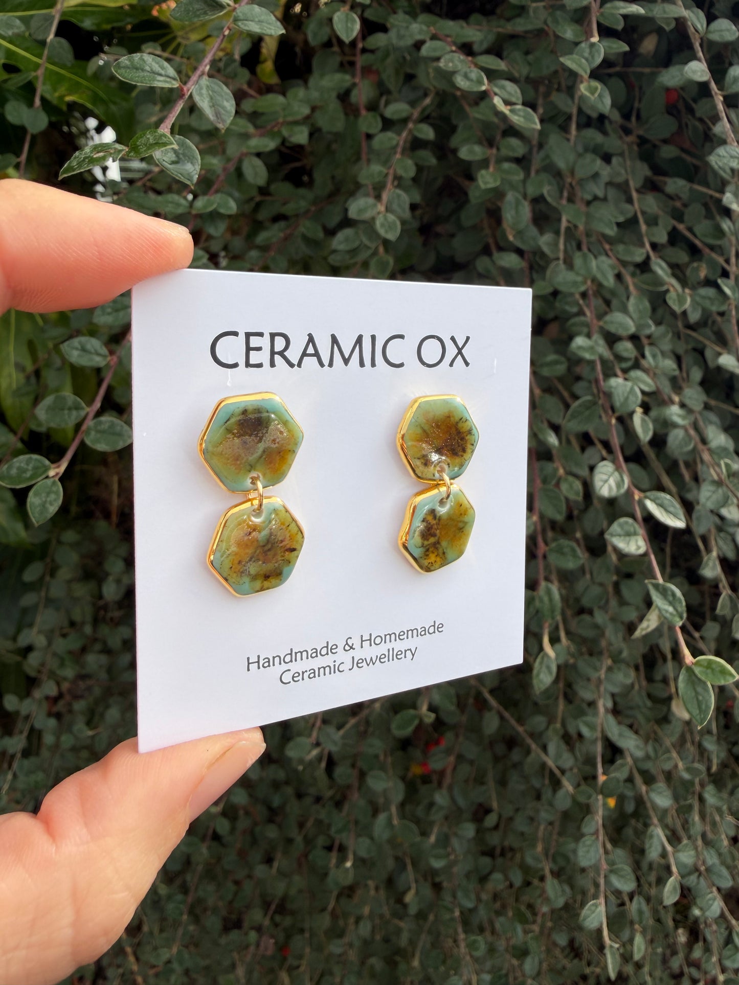 Double hexagons dangly drops in tiger jade