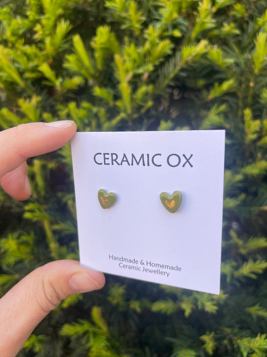 Olive green mini heart studs