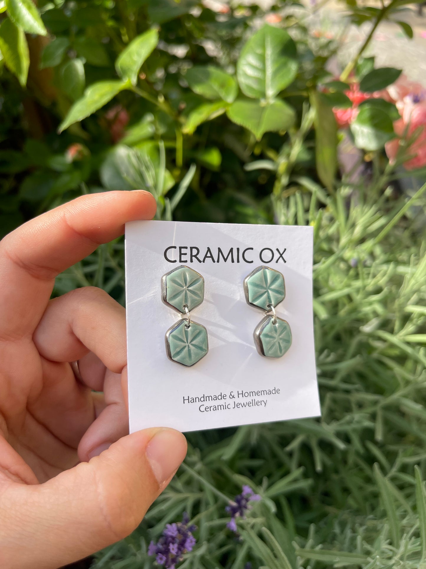 Double hexagon dangle studs in jade