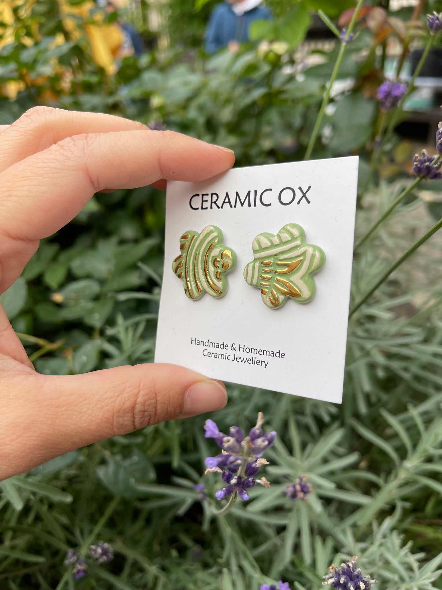 Block print flower studs - sage green