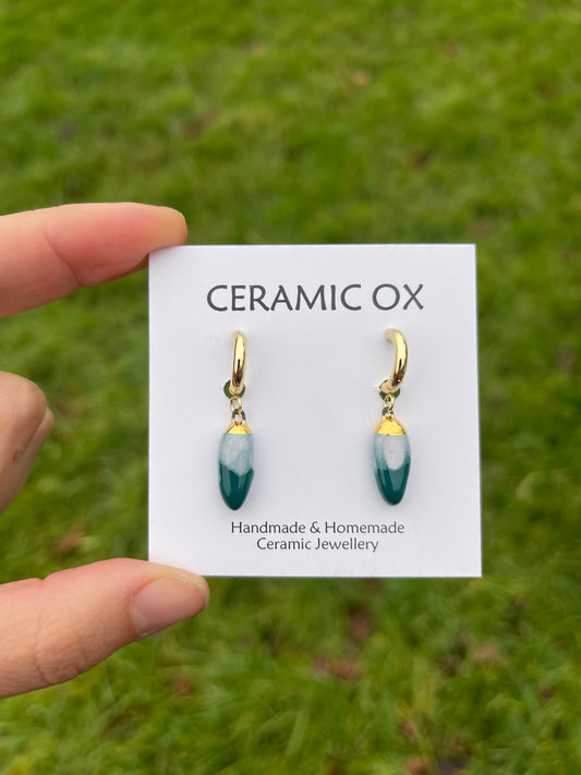 Teal & white drippy glaze dangly hoops