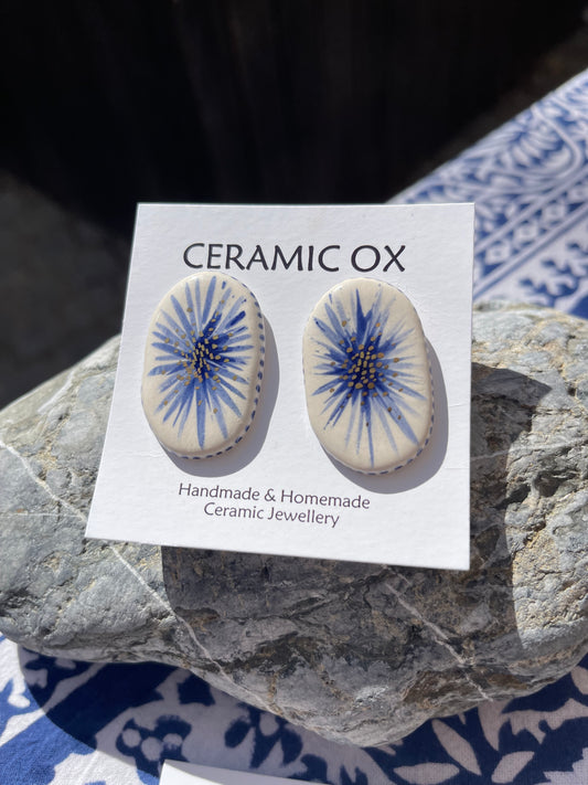 Delft blue starburst large oval studs