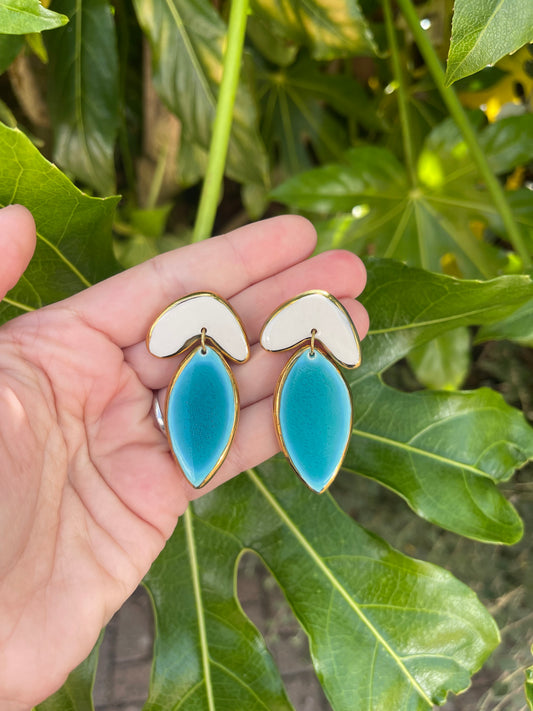 Turquoise white dangle leaf studs