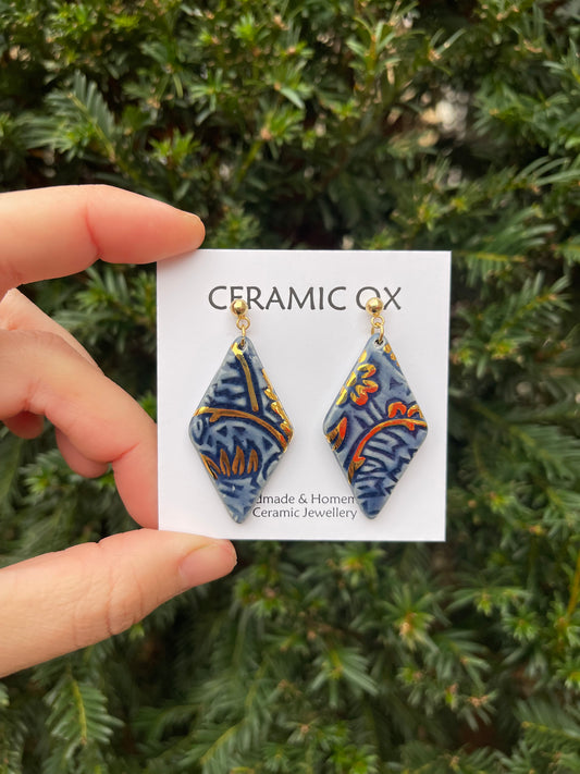 Block print navy dangle diamonds