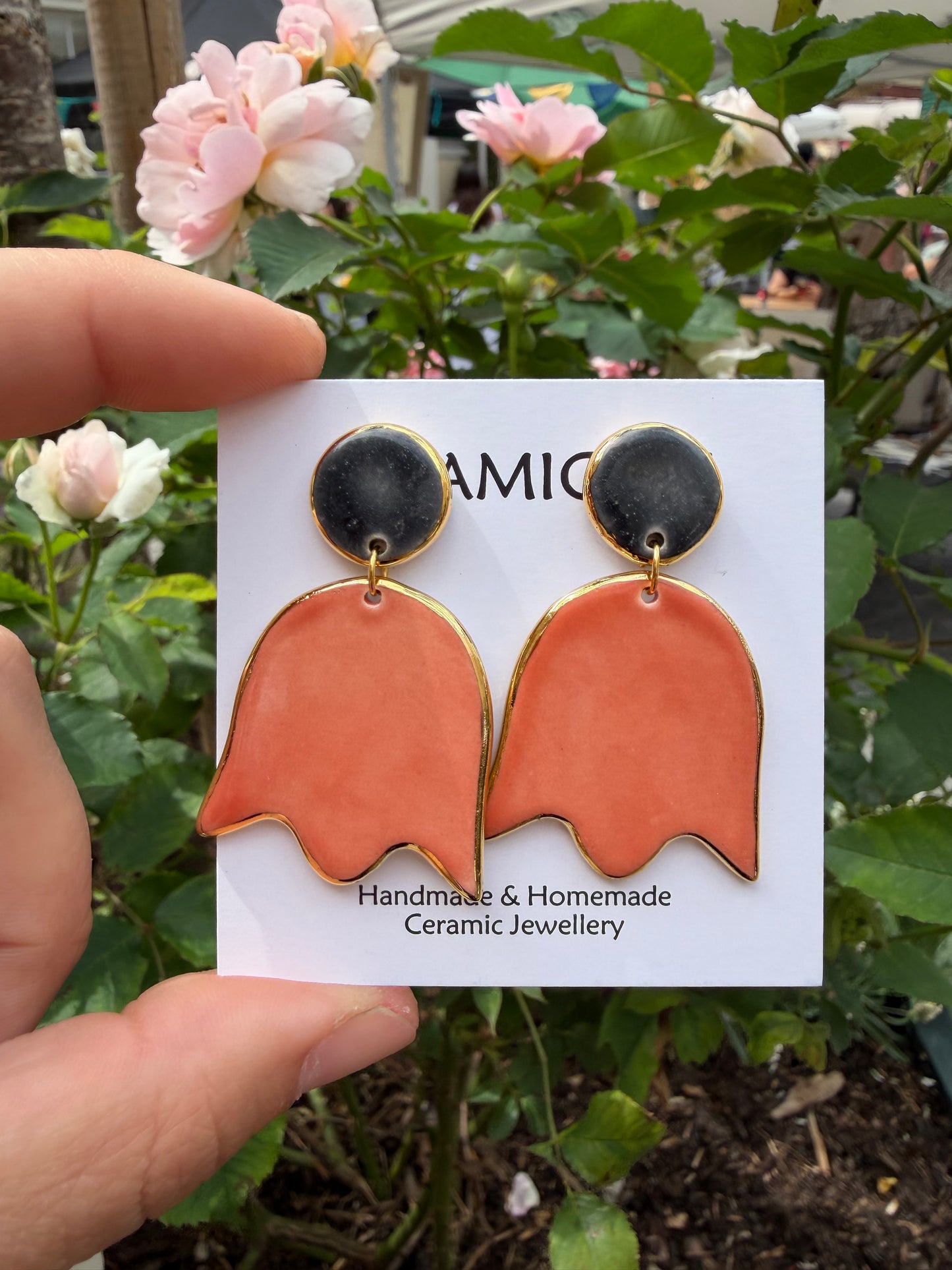 Coral / grey tulip dangly studs