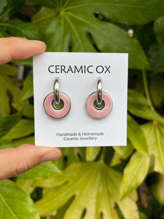 Baby pink with silver on chunky hoops