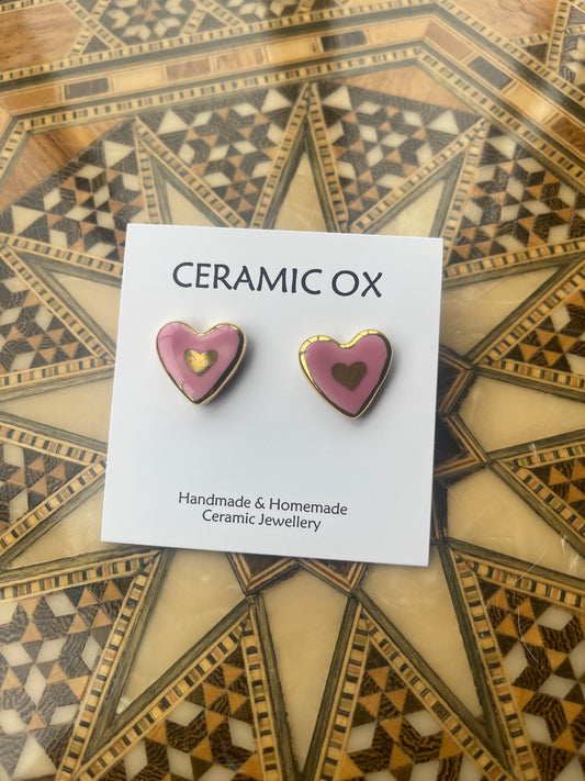 Pink gold love hearts studs