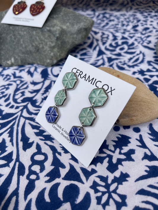Triple hexagon blue/Jade dangly studs with Platinum silver surround