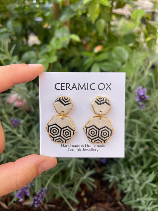 Geometric imprint dangly studs (black & white)