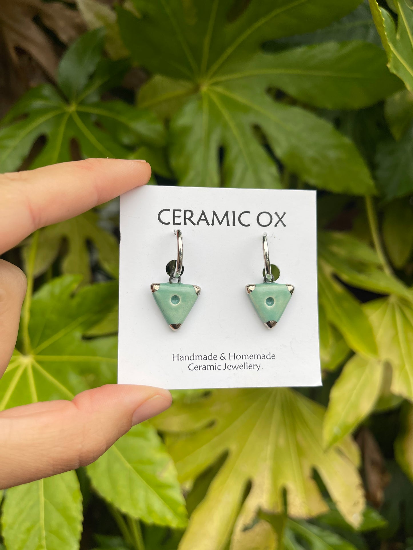 Jade triangle studs with silver detail on hoops
