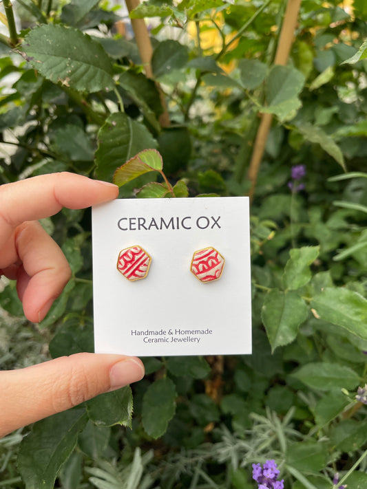 Block print hexagon studs - red
