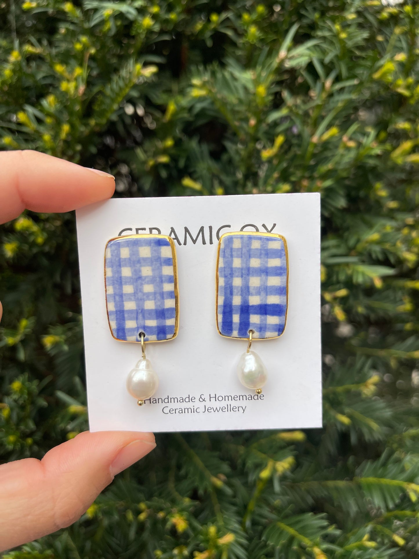 Gingham rectangle studs with real pearl drops.