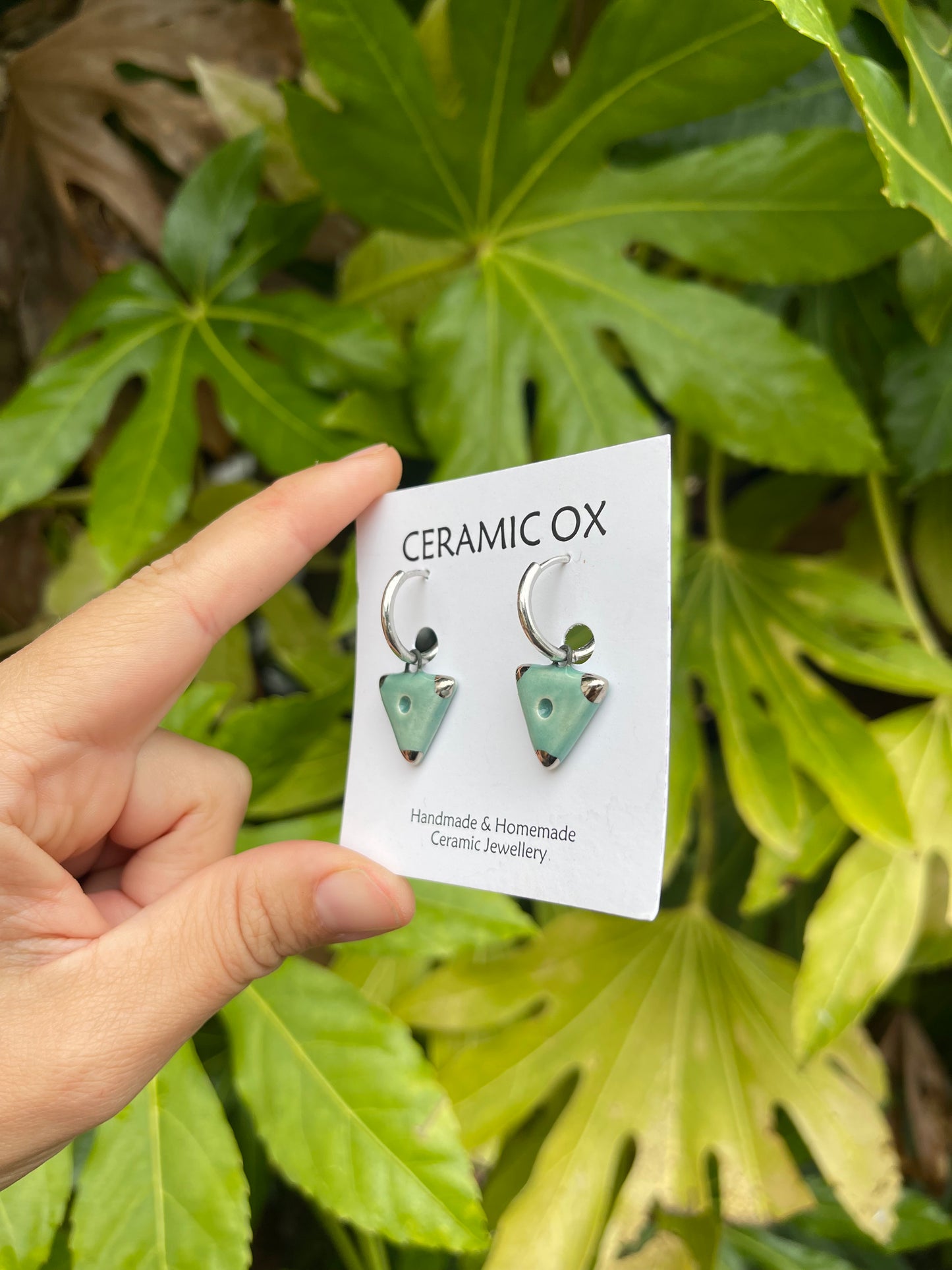 Jade triangle studs with silver detail on hoops