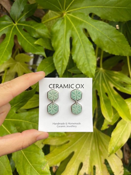Jade hexagonal dangle studs with silver surround