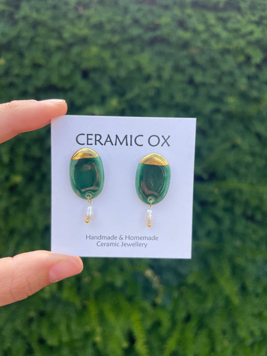 Emerald Green studs with freshwater drop pearls