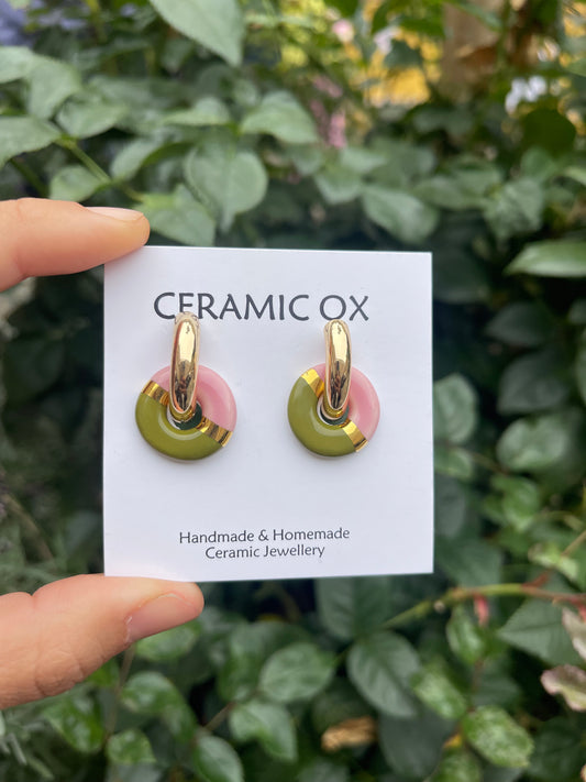 Olive/ pink hoops on chunky gold hoops