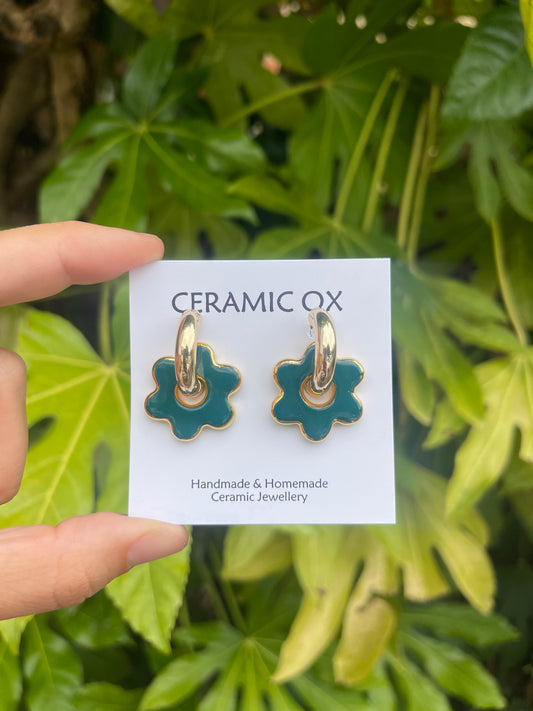 Teal flower Hoops