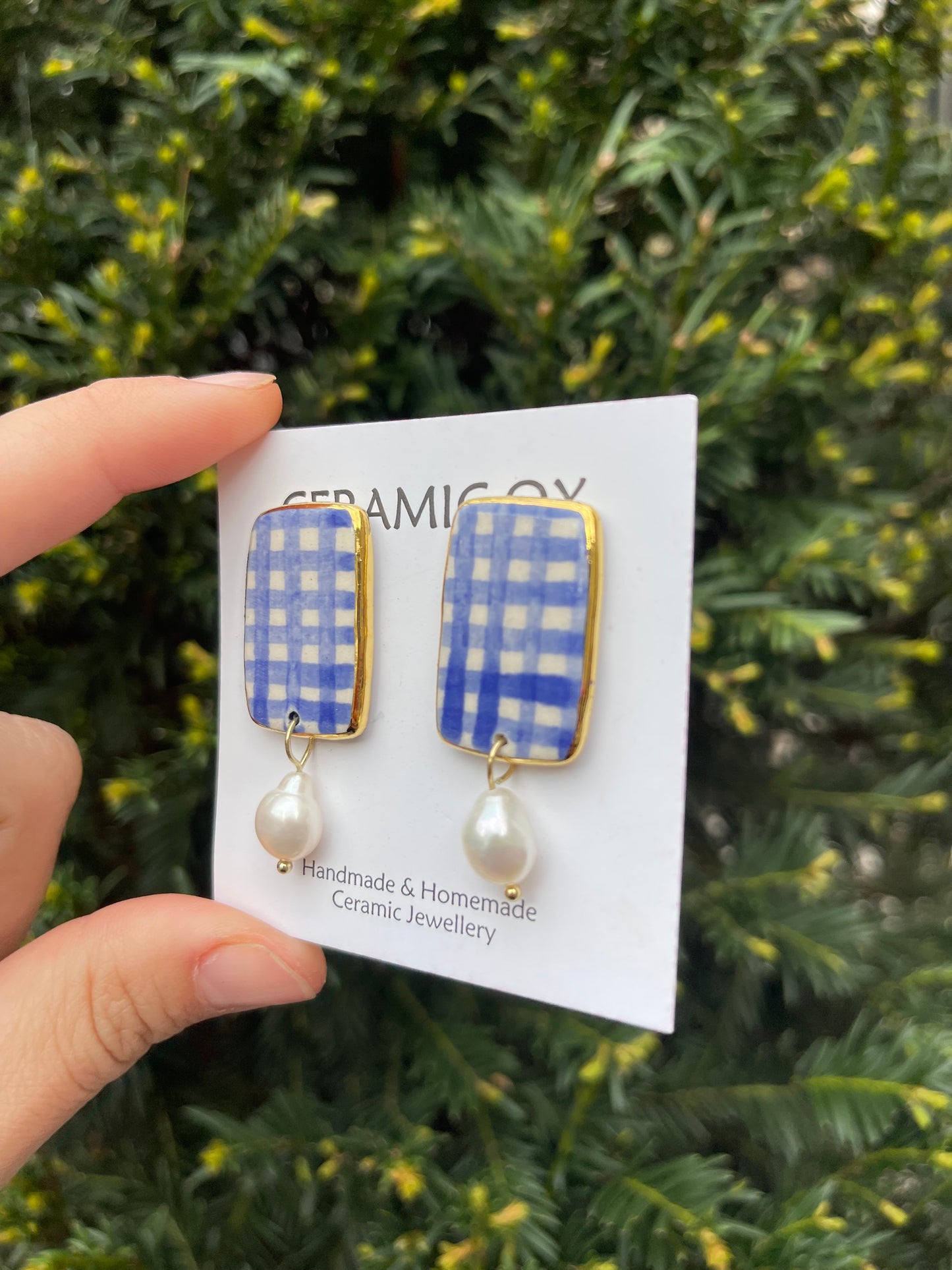 Gingham rectangle studs with real pearl drops.