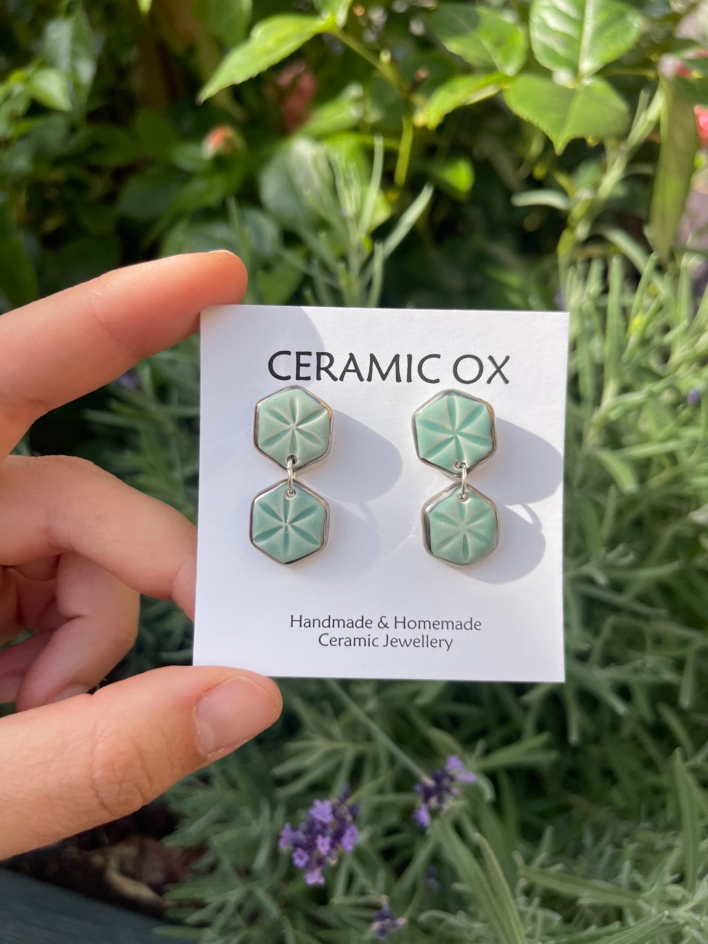 Double hexagon dangle studs in jade