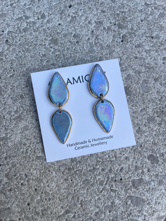 Mirrored teardrop mother of pearls studs dangle studs