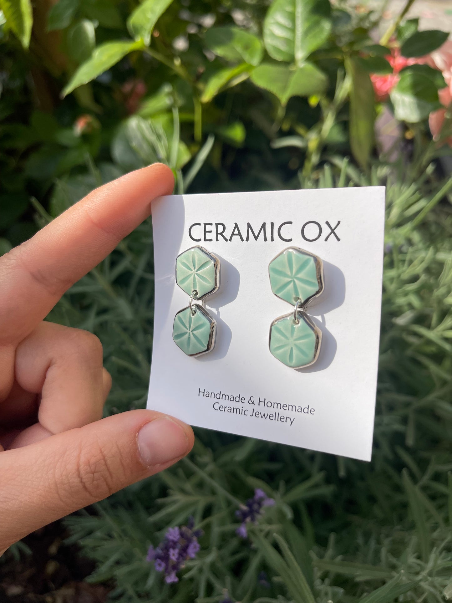 Double hexagon dangle studs in jade