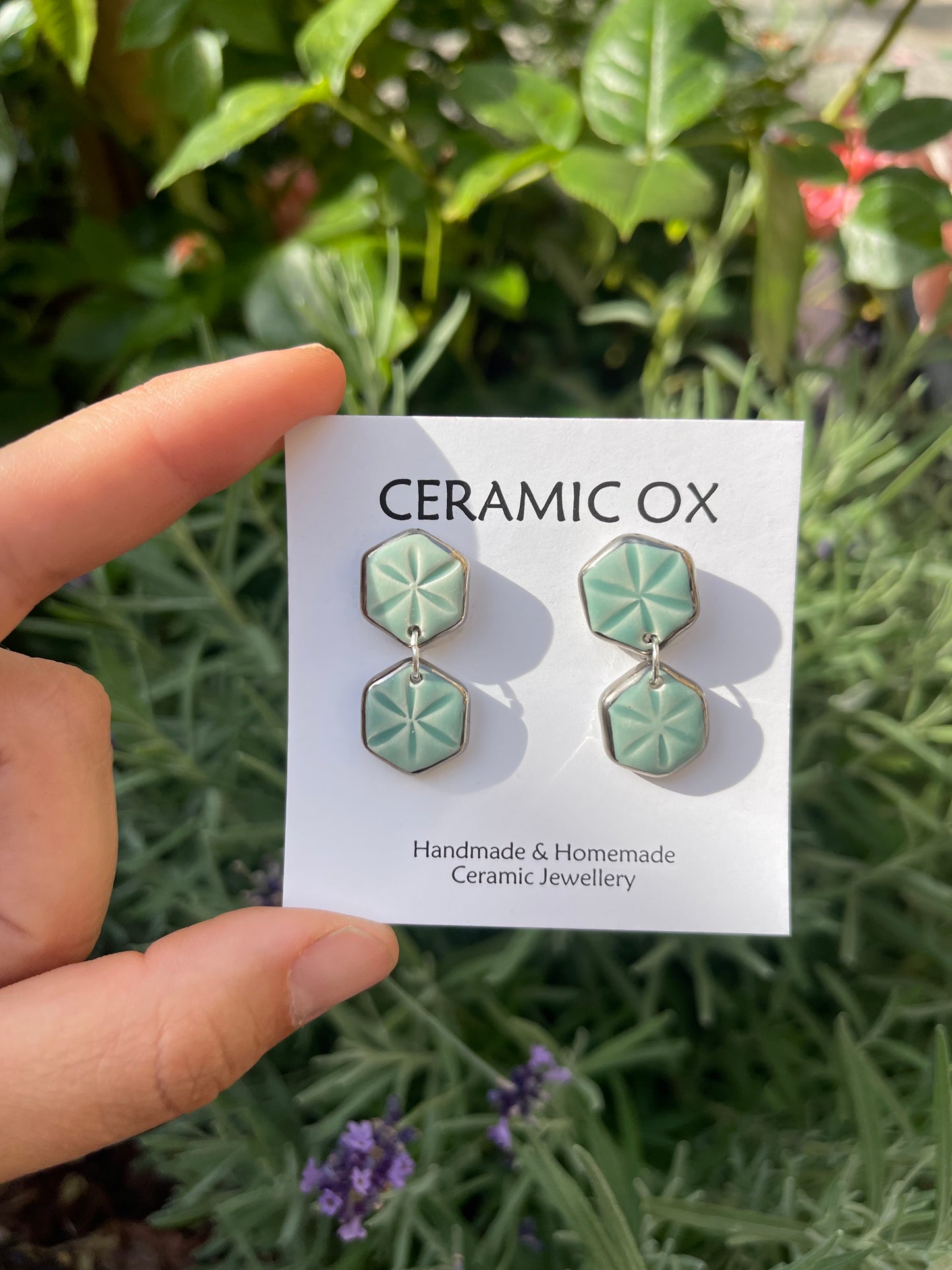 Double hexagon dangle studs in jade
