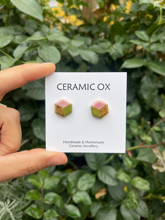 Small hexagon cube studs in Olive/ pink