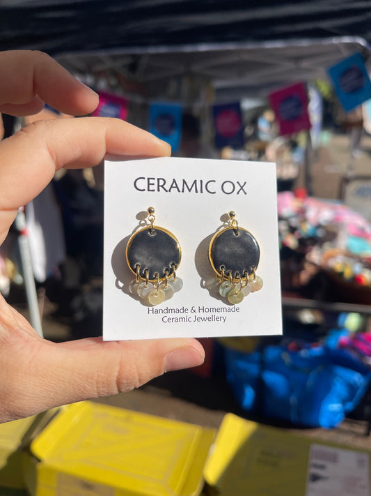 Black Circle dangle with mother of pearl discs